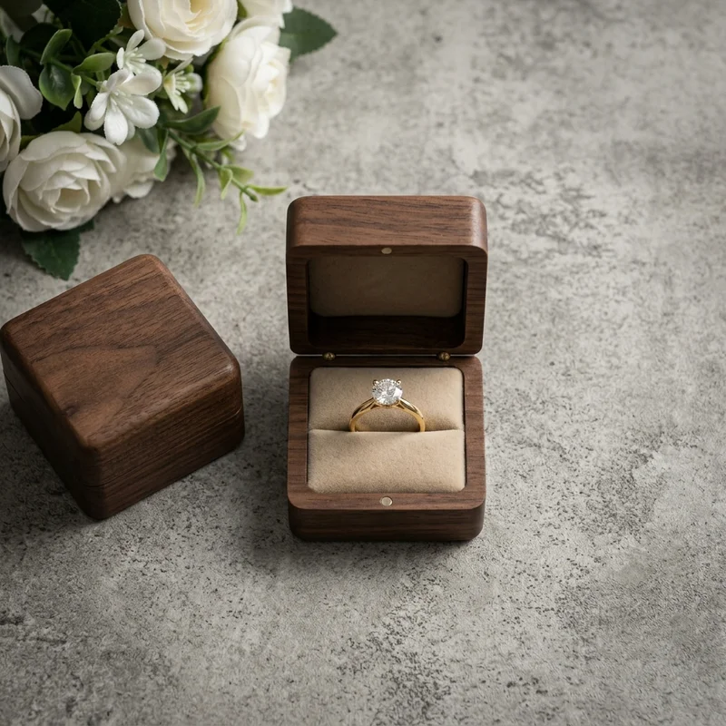 Elegant diamond ring in walnut box