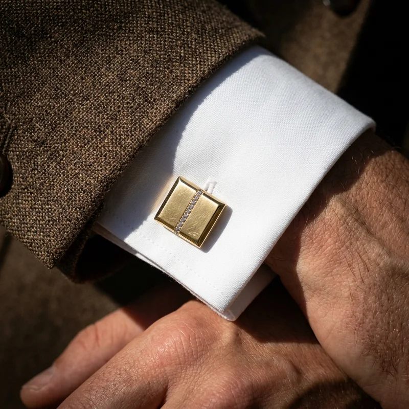 Gold cufflinks on tweed cuff
