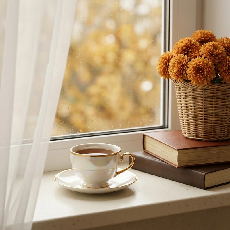 Cozy autumn window tea time