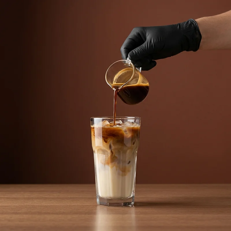 Pouring coffee into iced milk