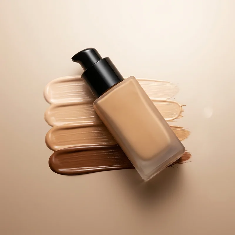 Foundation bottle with shade swatches