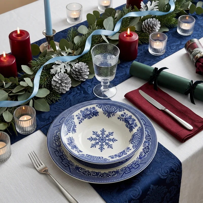 Festive blue and white Christmas table