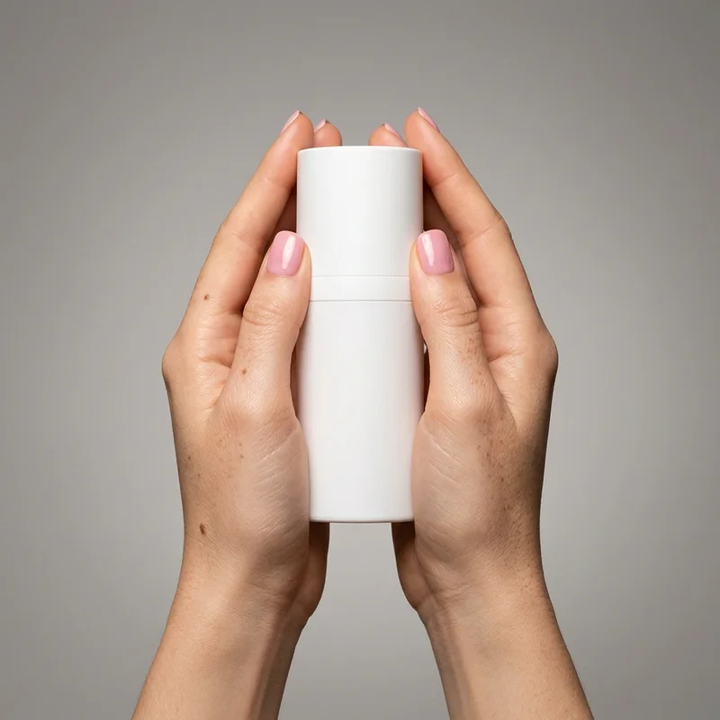 Hands holding cosmetic bottle