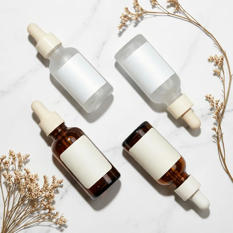 Serum bottles on marble with shadows
