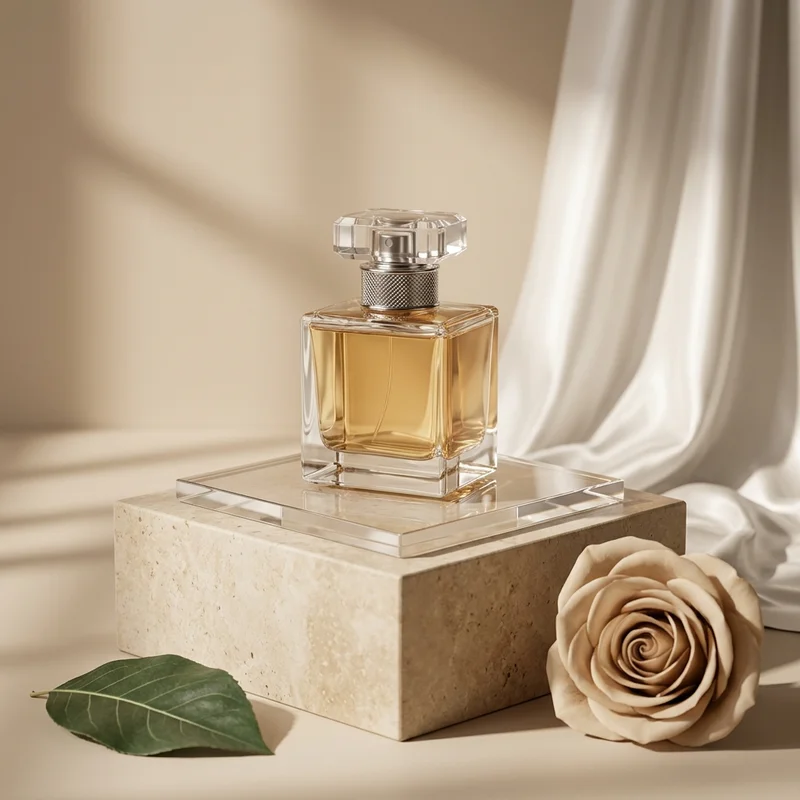 Elegant perfume on marble and satin