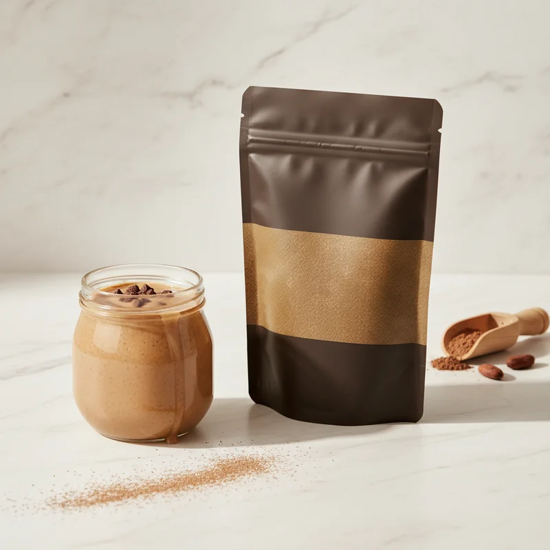 Cacao smoothie and pouch on marble