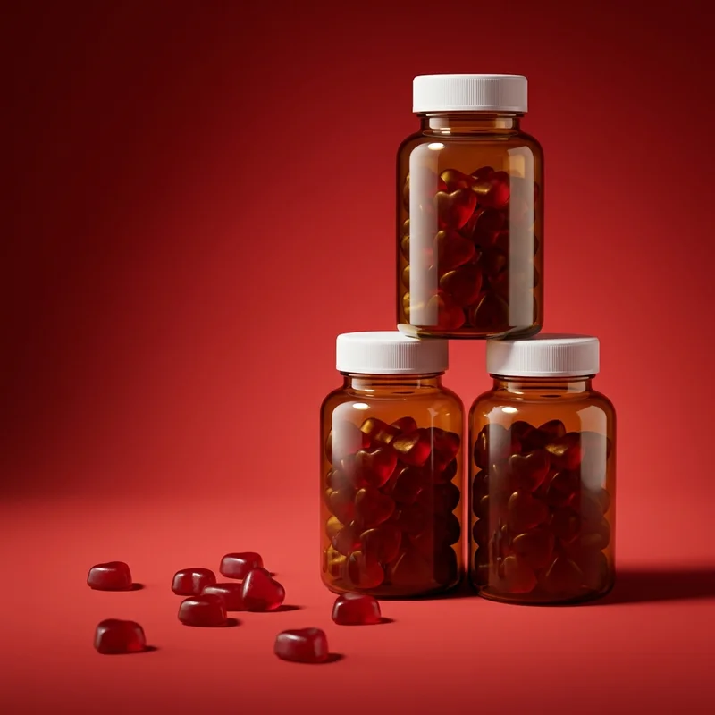 Heart gummy vitamin bottles on red