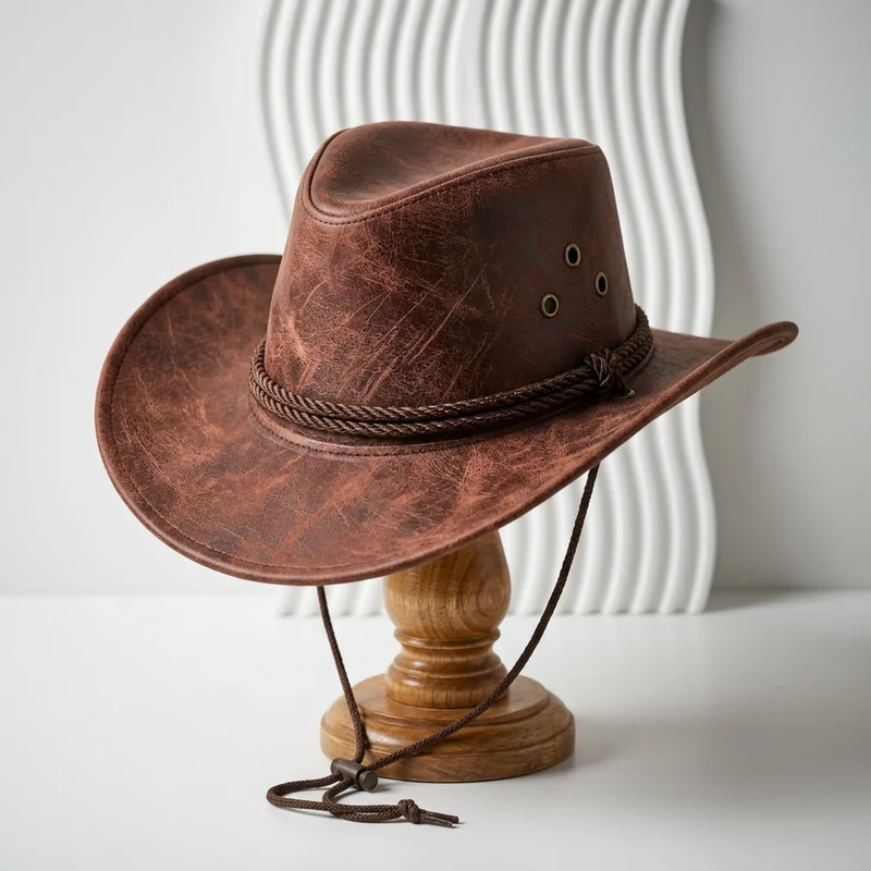 Rustic leather cowboy hat on stand