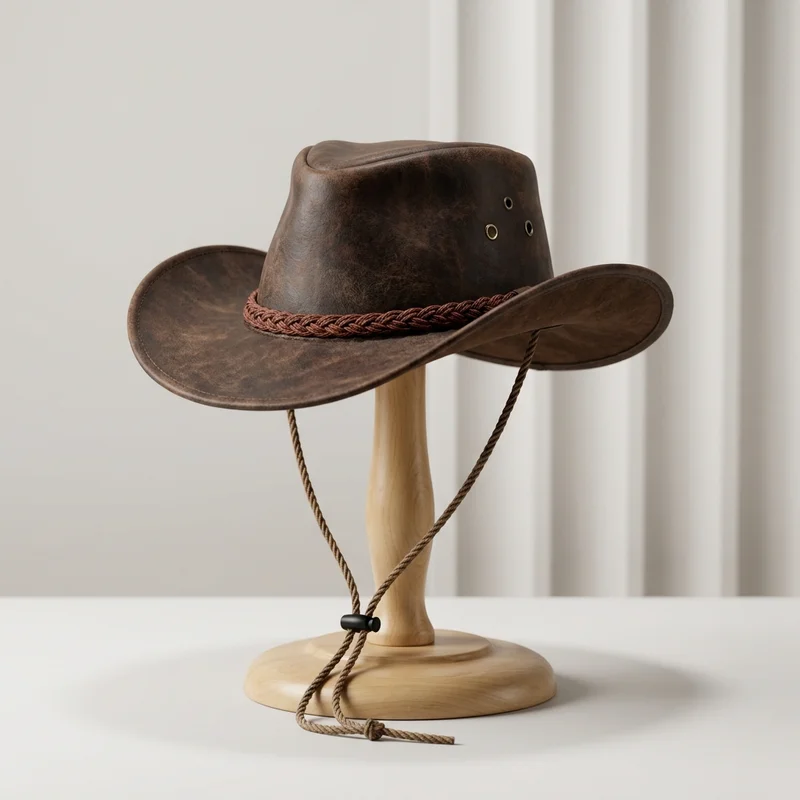 Rustic leather cowboy hat display