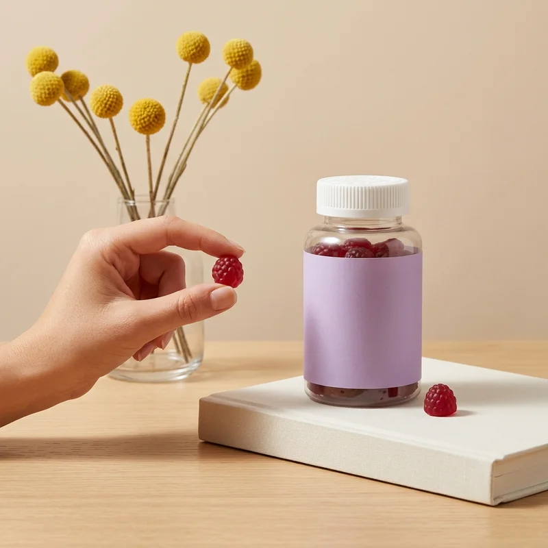 Gummy vitamins on wooden table
