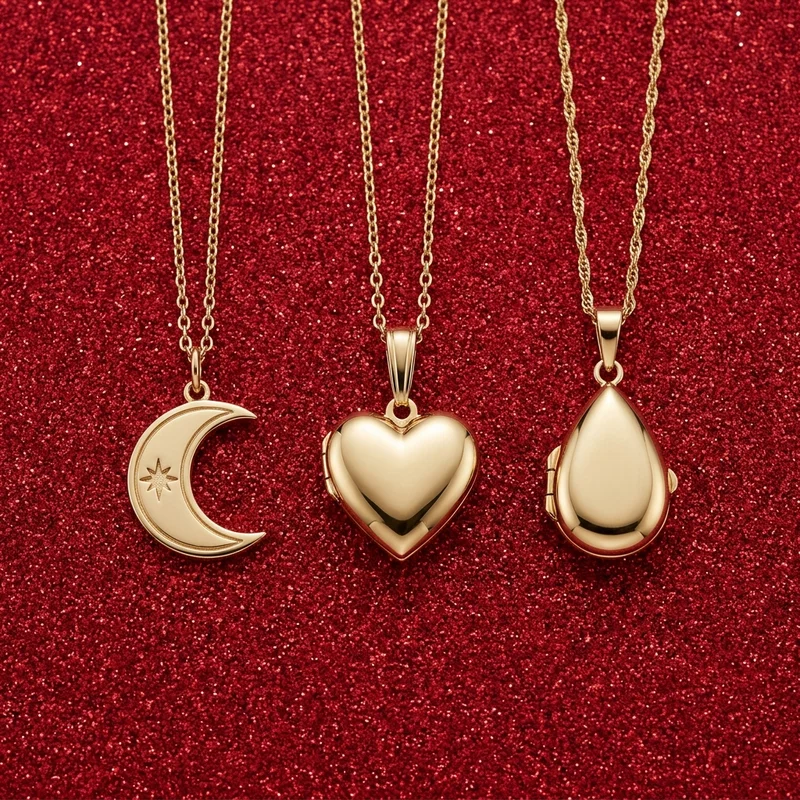 Festive gold necklaces on red glitter