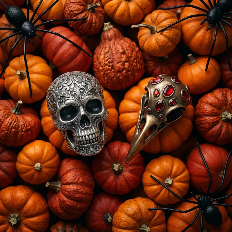 Gothic skulls on pumpkins flat-lay