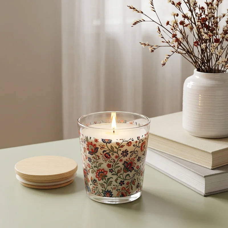 Floral candle on reflective surface