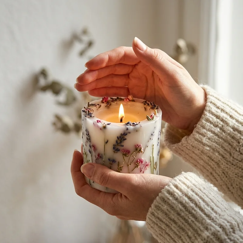 Warm floral candle in hands