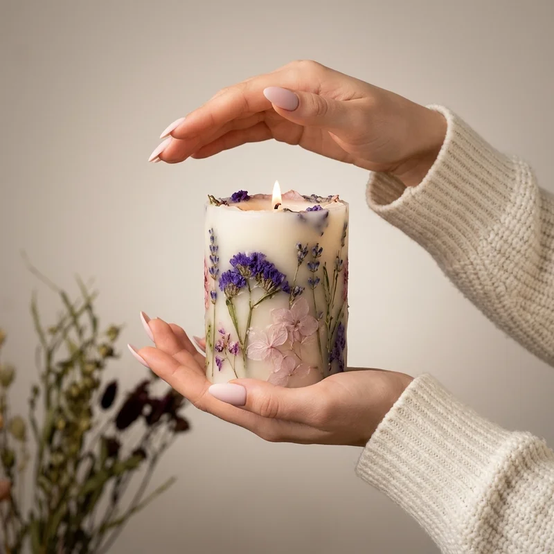 Cozy hands holding floral candle
