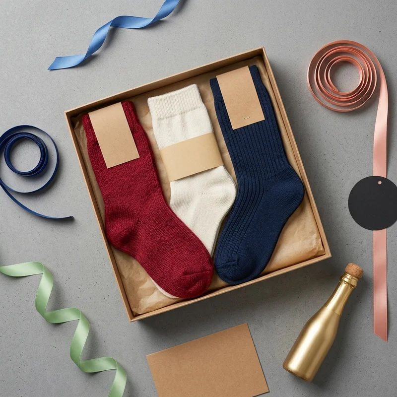 Festive sock gift box flat lay