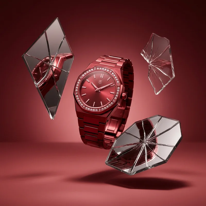 Luxury red watch with floating mirrors