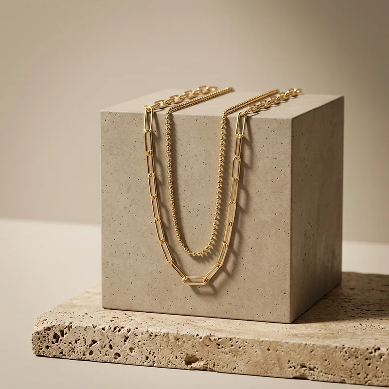 Modern gold necklaces on concrete