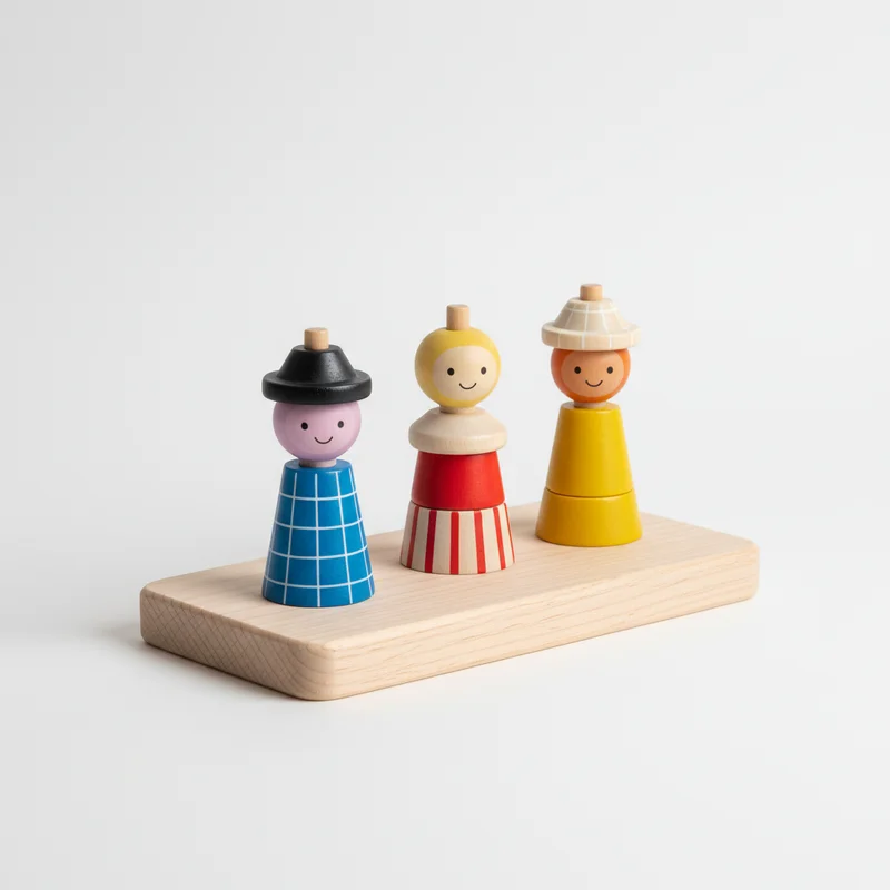 Playful wooden figures on stand