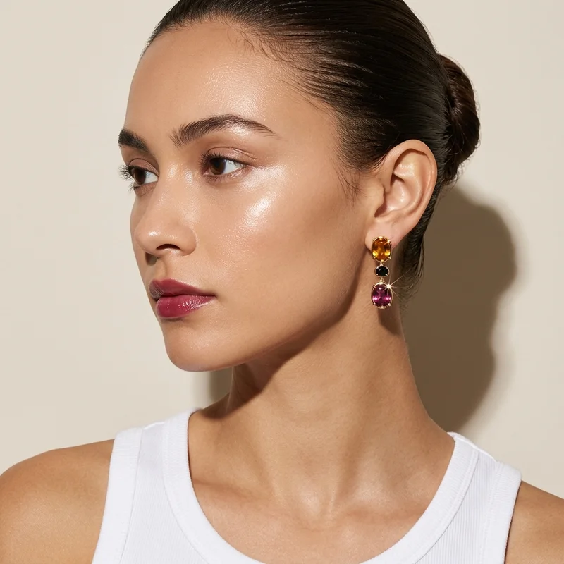 Colorful gem earring on model