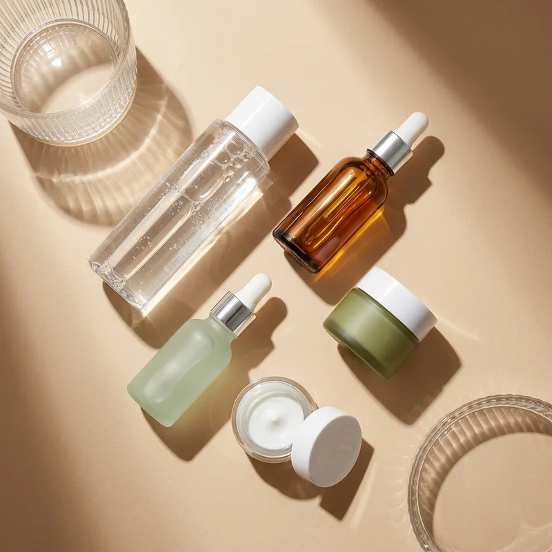 Warm skincare flat lay with glass