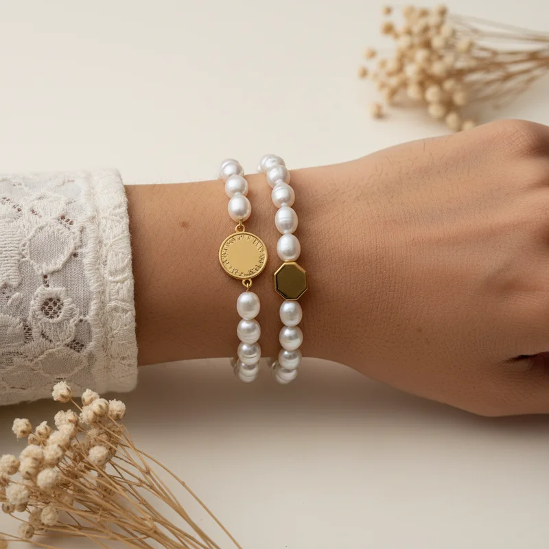 Elegant pearl bracelets on wrist