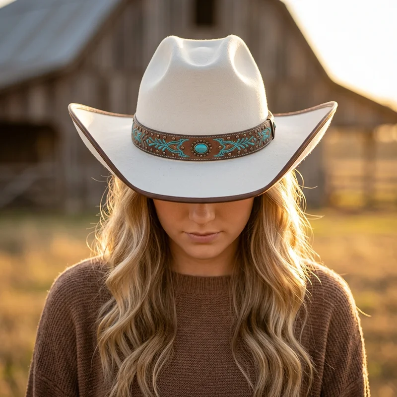 Rustic cowboy hat at sunset barn