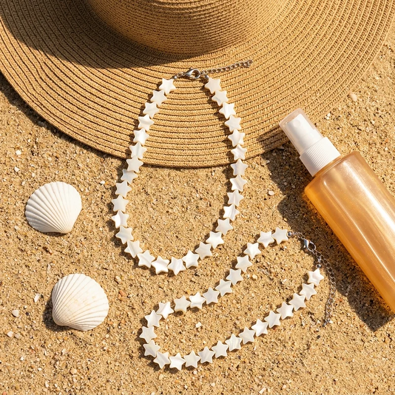 Summer beach jewelry flat lay