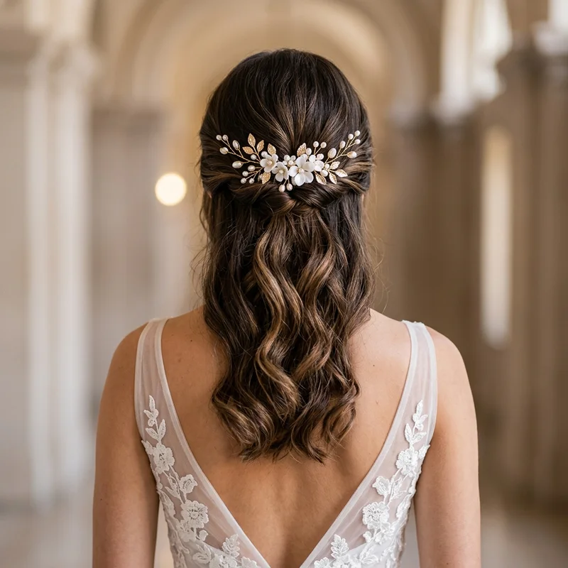 Elegant bridal hairpiece on model