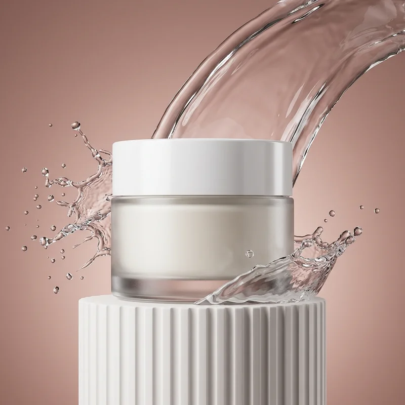 Hydrating skincare splash on pedestal