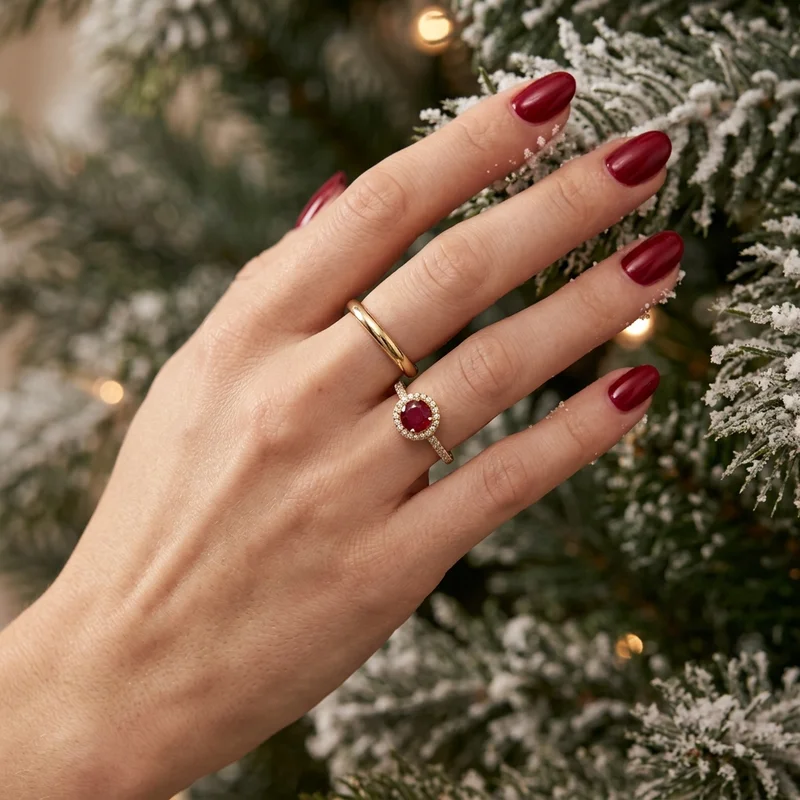 Festive rings on snowy branch