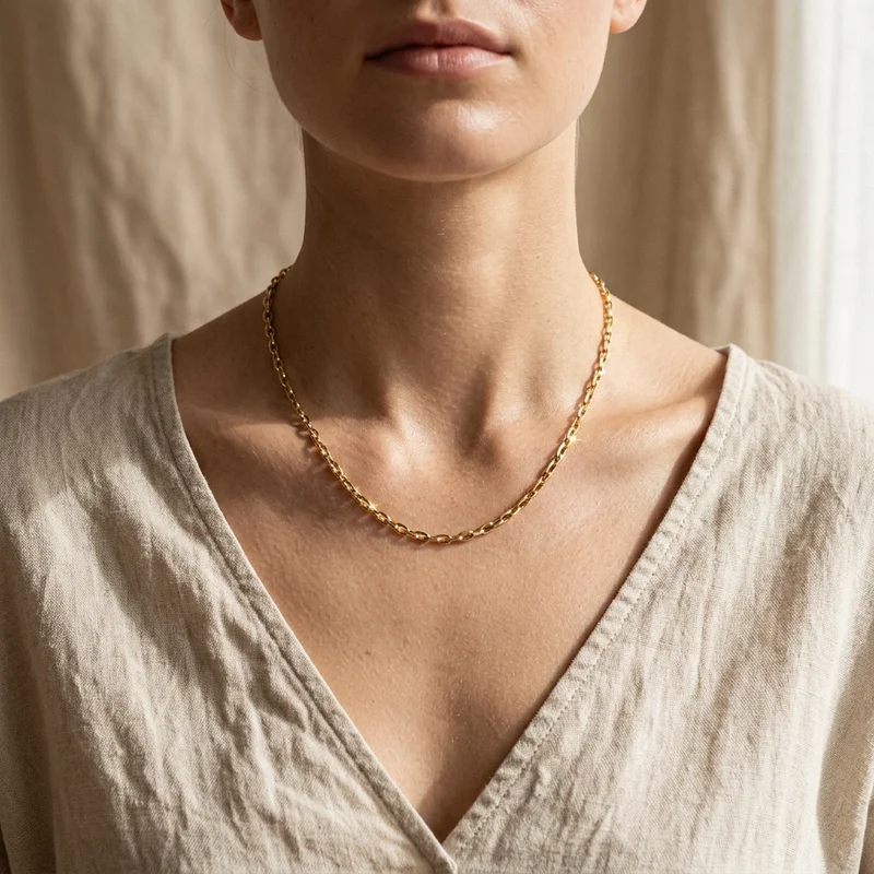 Classic gold link chain necklace on model