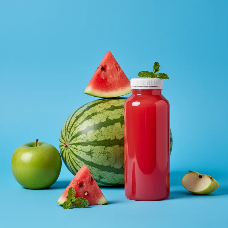 Fresh fruit juice on blue