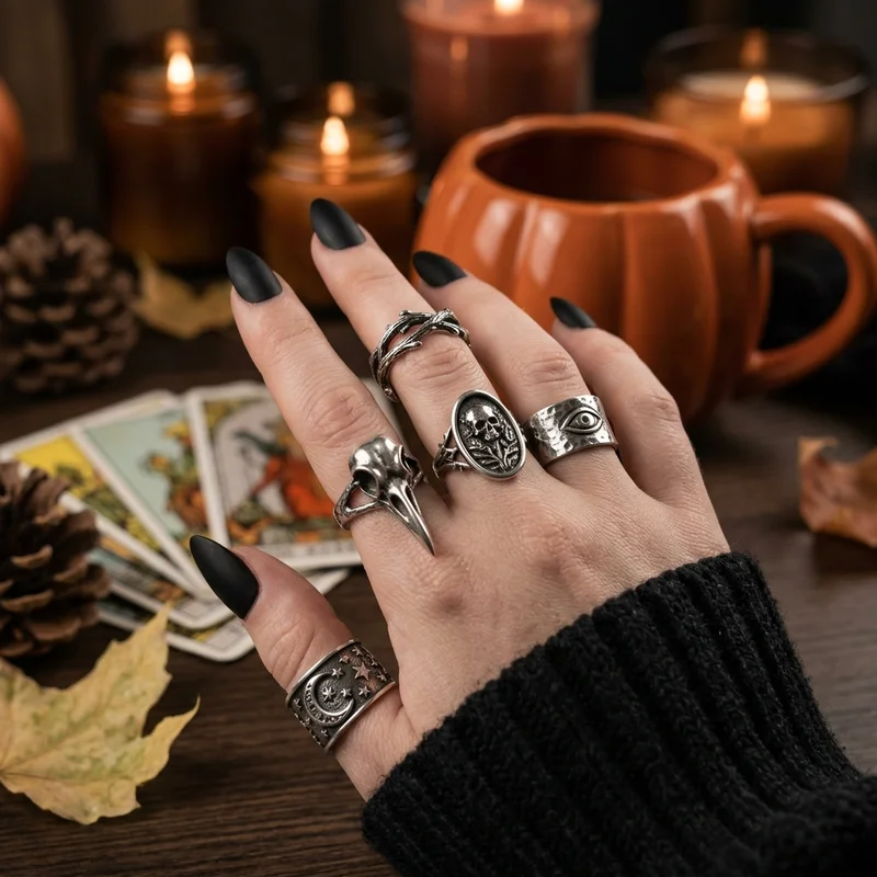 Gothic rings on autumn hand