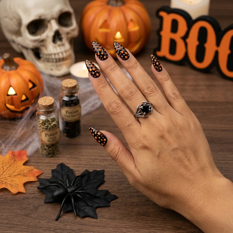Spooky Dotted Stiletto Nails