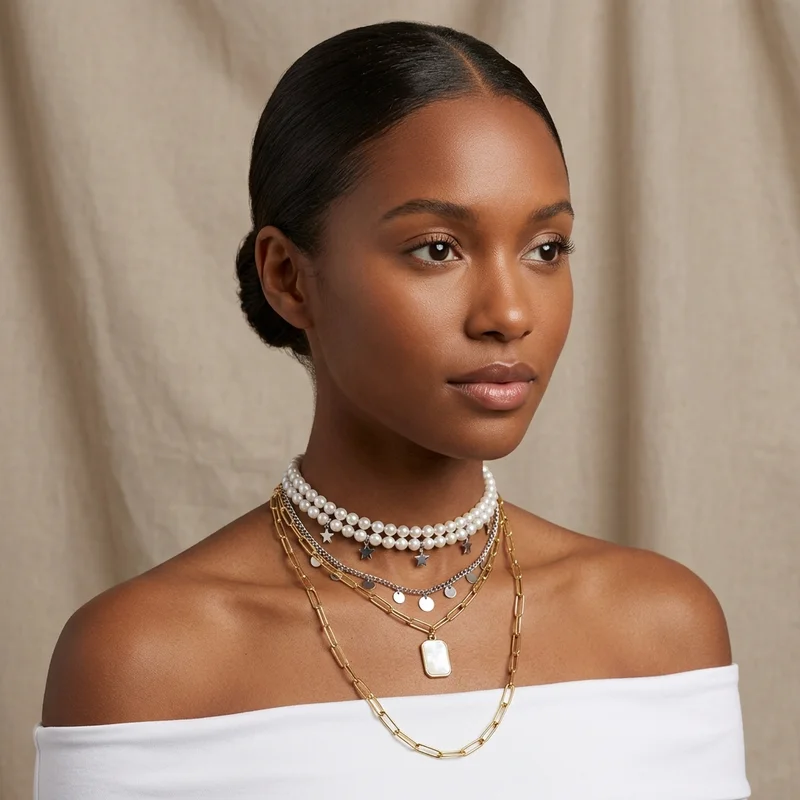 Layered necklaces on model