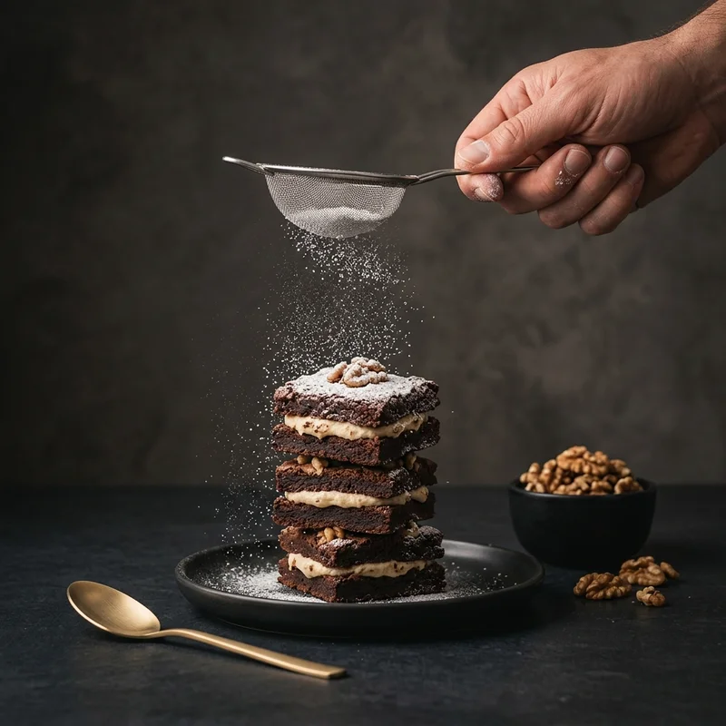 Artisanal brownie dusting scene