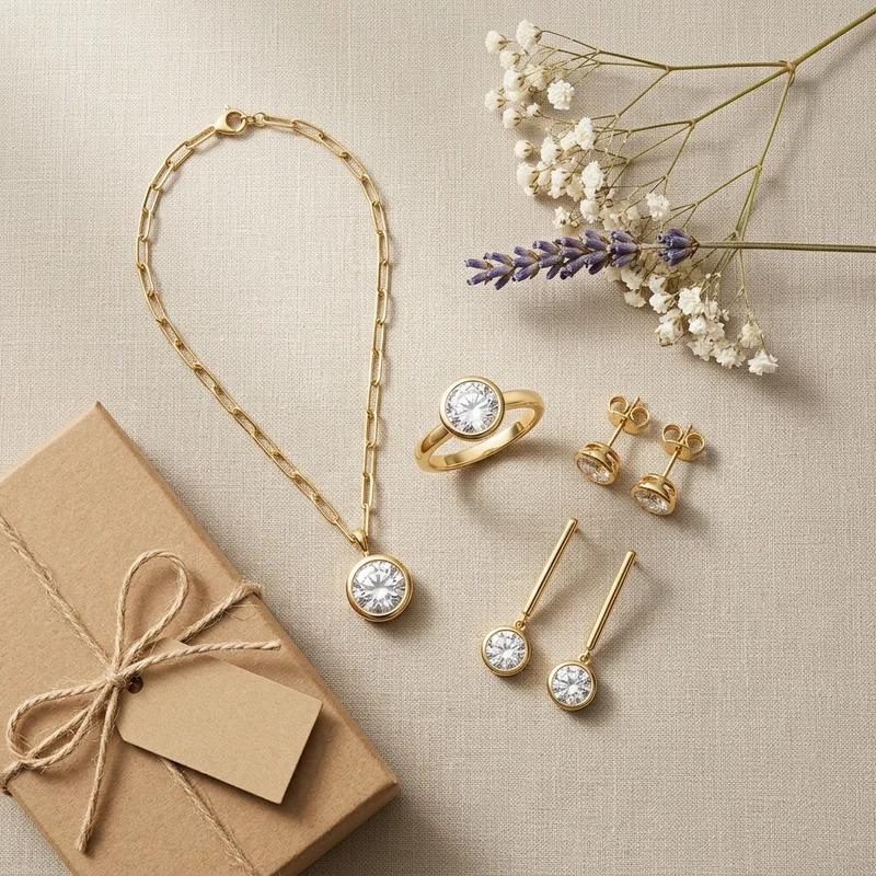 Elegant jewelry gift set flat lay
