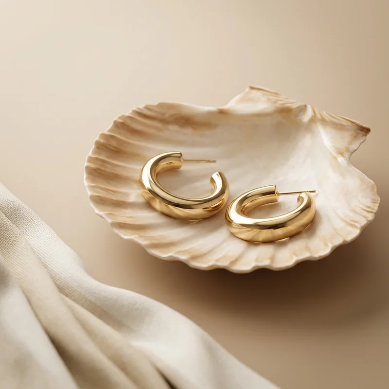 Gold hoops in a seashell