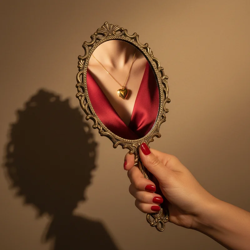 Vintage mirror reflecting gold locket