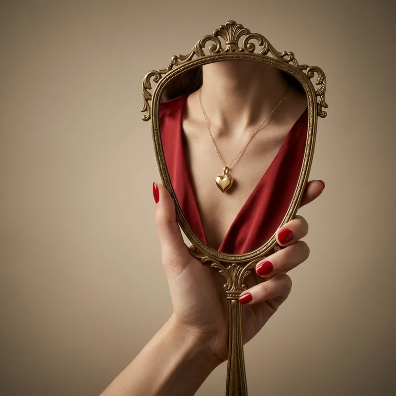 Vintage mirror reflecting heart locket
