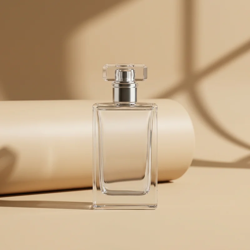 Elegant perfume on beige with shadows