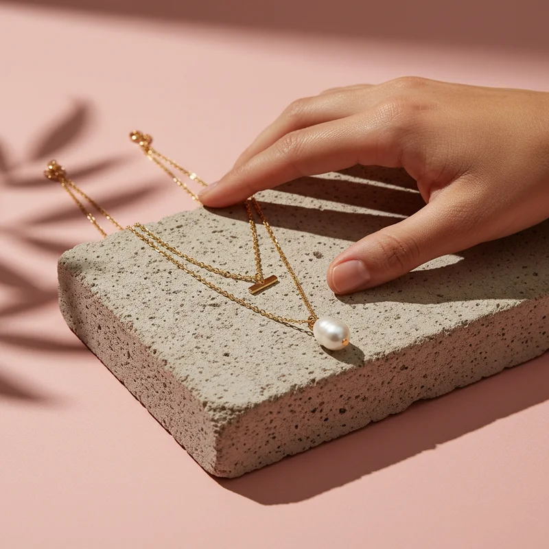 Modern pearl necklace on concrete