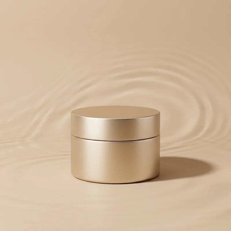 Gold cosmetic jar on beige