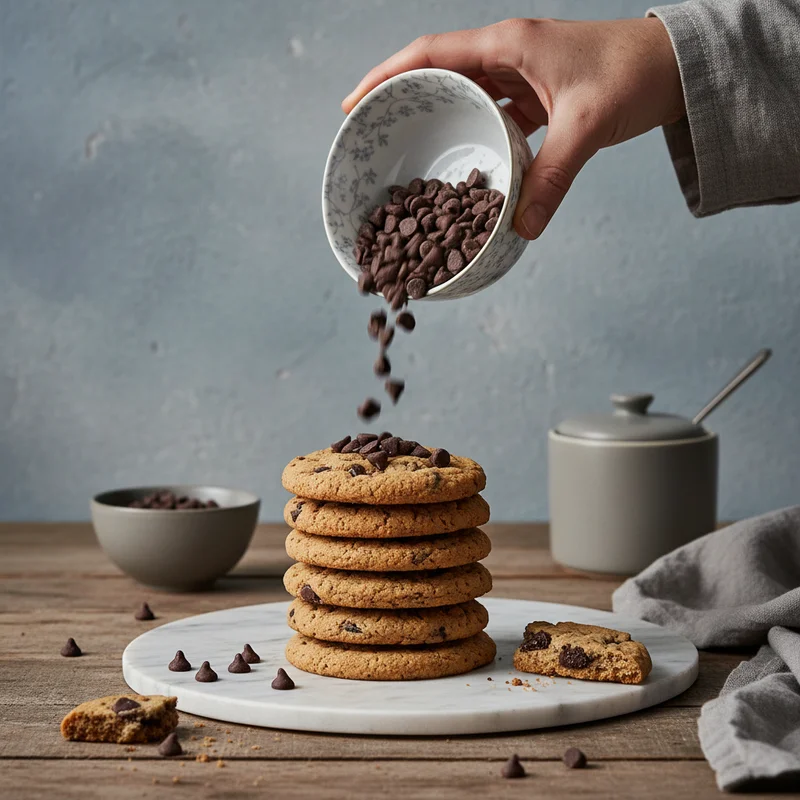 Pouring chocolate chips on cookies