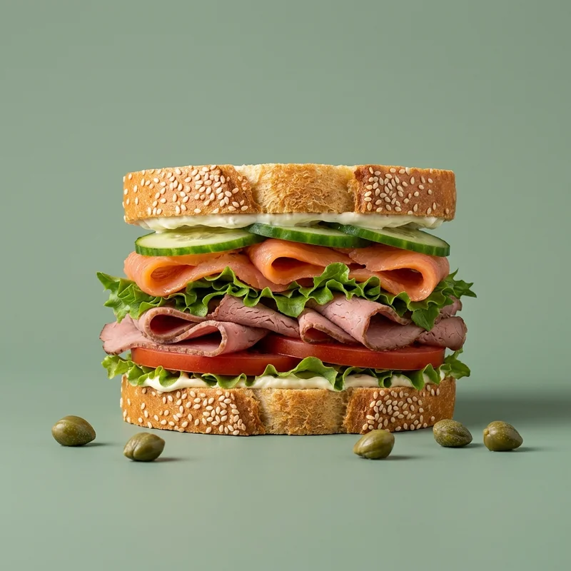 Gourmet stacked sandwich on green