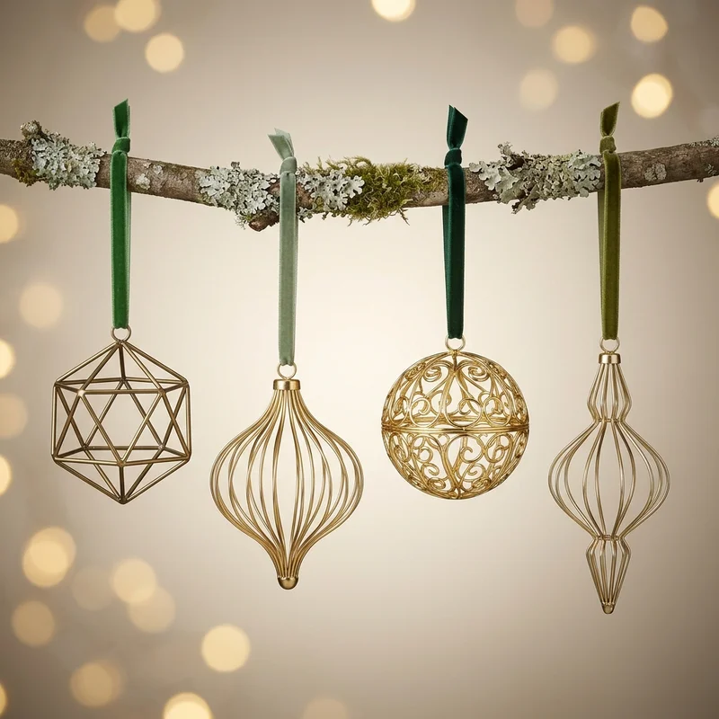Golden ornaments on rustic branch