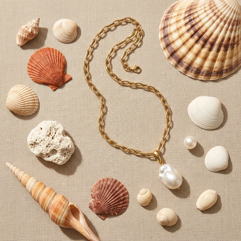Summer pearl jewelry flat lay