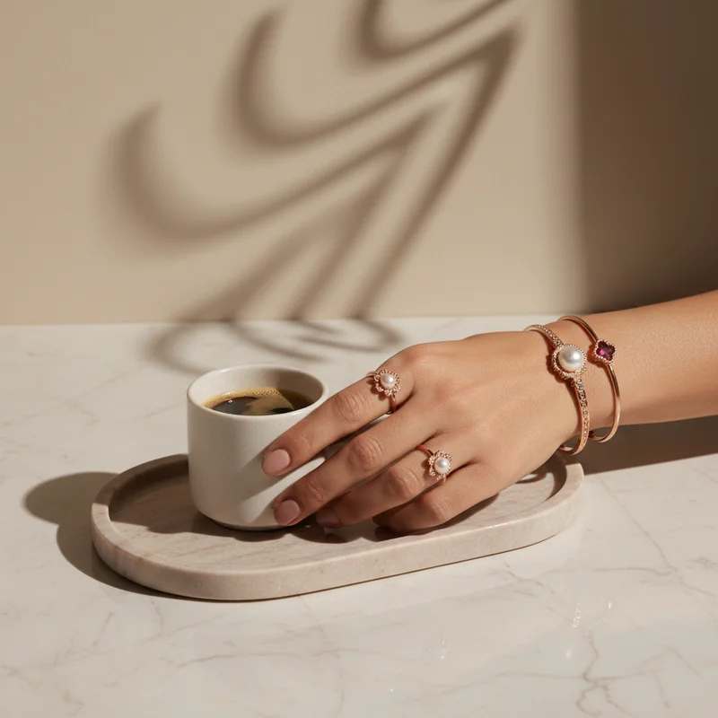 Elegant jewelry with morning coffee