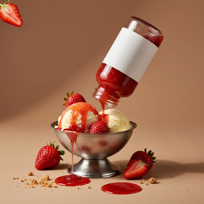 Strawberry sauce pouring on ice cream